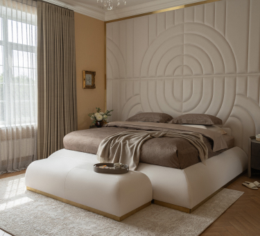 Upholstered king-size bed with tufted headboard in velvet fabric